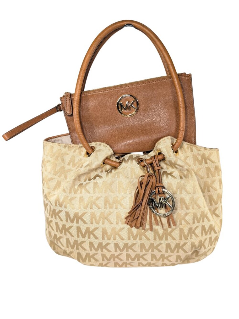 Michael Kors Beige Tan Camden Signature Canvas Leather Satchel & Large Wristlet